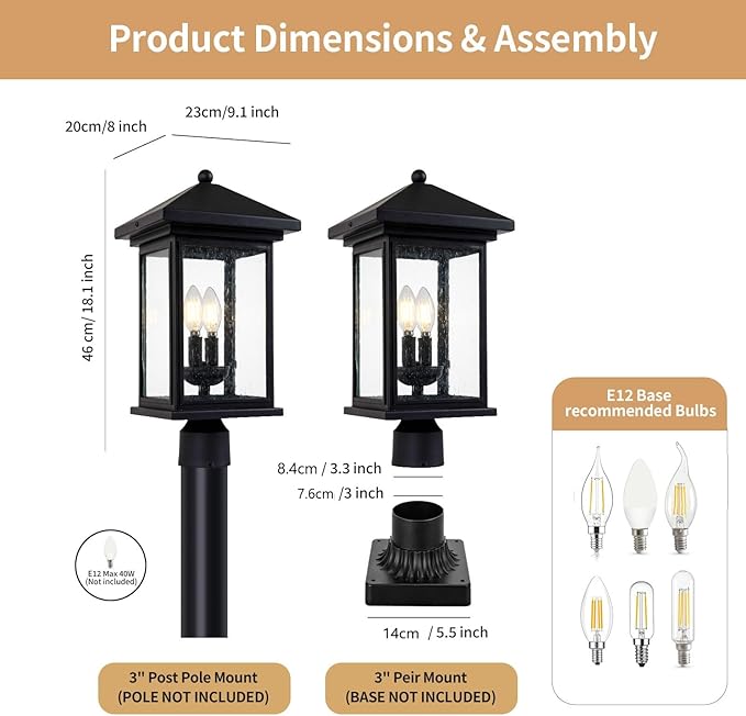 Outdoor Post Light, Waterproof Pole Lantern Lighting Fixture with Tempered Clear Seeded Glass, Matte Black Finish for Outdoors (Large Post Light)-VerdiqueGarden