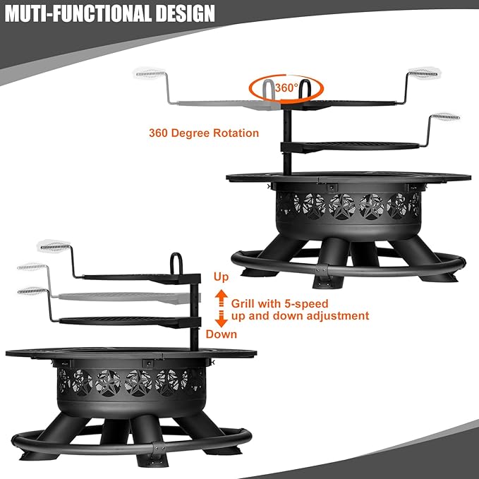 47 Inch Outdoor Fire Pit with 2 Grills, Extra Large BBQ Firepits for Outside, Metal Round Fire pits with Lid&Fire Poker,3 in 1 Wood Burning Outdoor Fireplaces for Backyard,Patio,Bonfire-VerdiqueGarden
