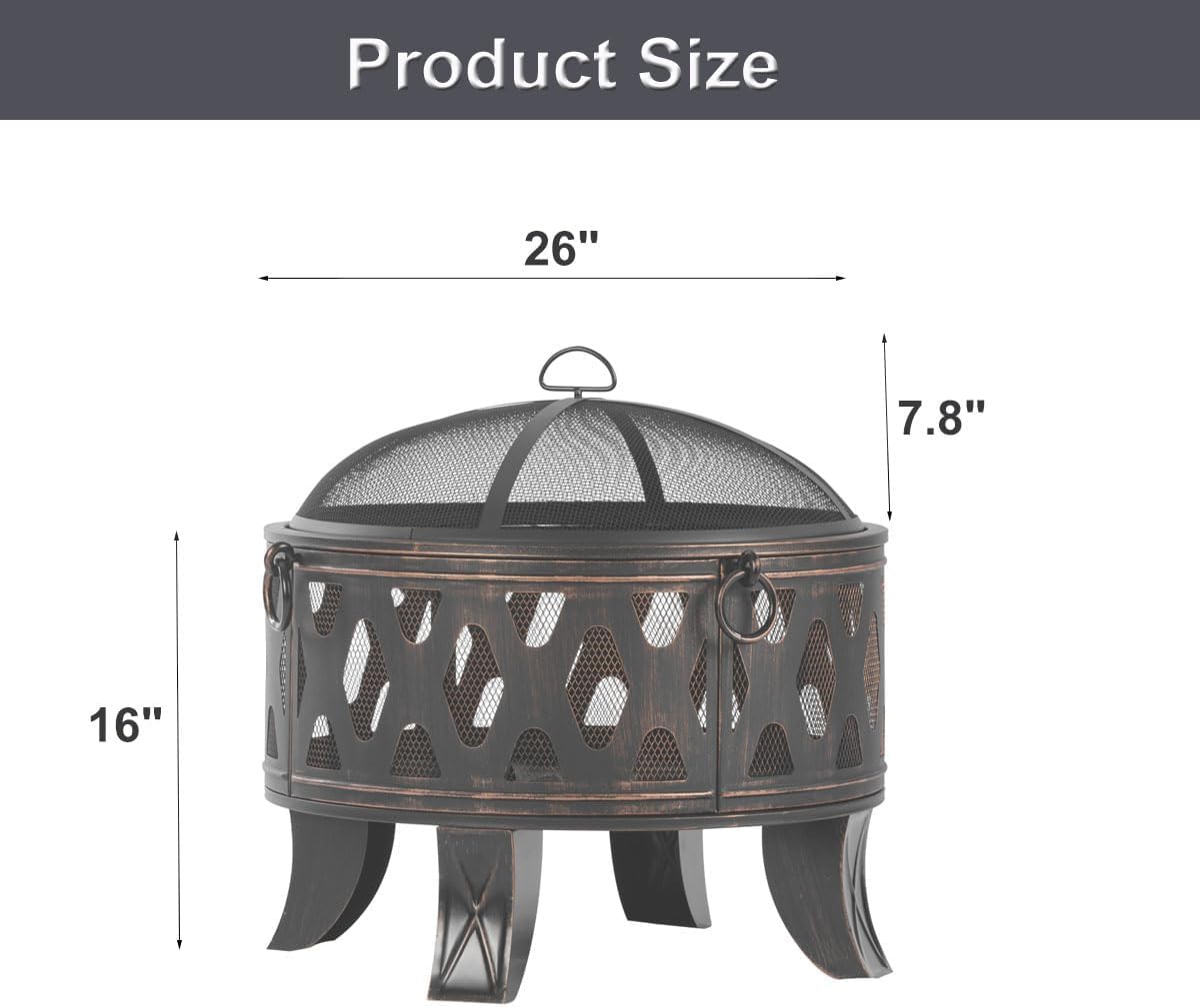 Breezz 26 Inch Wood Burning Fire Pit with Cooking Grill and Spark Screen, Outdoor Metal Round Firepit for Patio, Backyard, Bonfire Party, Camping and Garden-VerdiqueGarden
