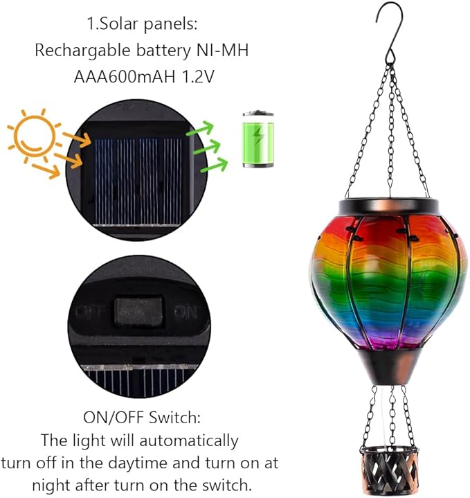 Starsoul 2 PC Solar Hot Air Balloon Lantern with Flame Multi-Color Hot Air Balloon Lantern with Candle Holder Metal & Glass Hanging Garden Light Waterproof Outdoor Lantern Decor-VerdiqueGarden