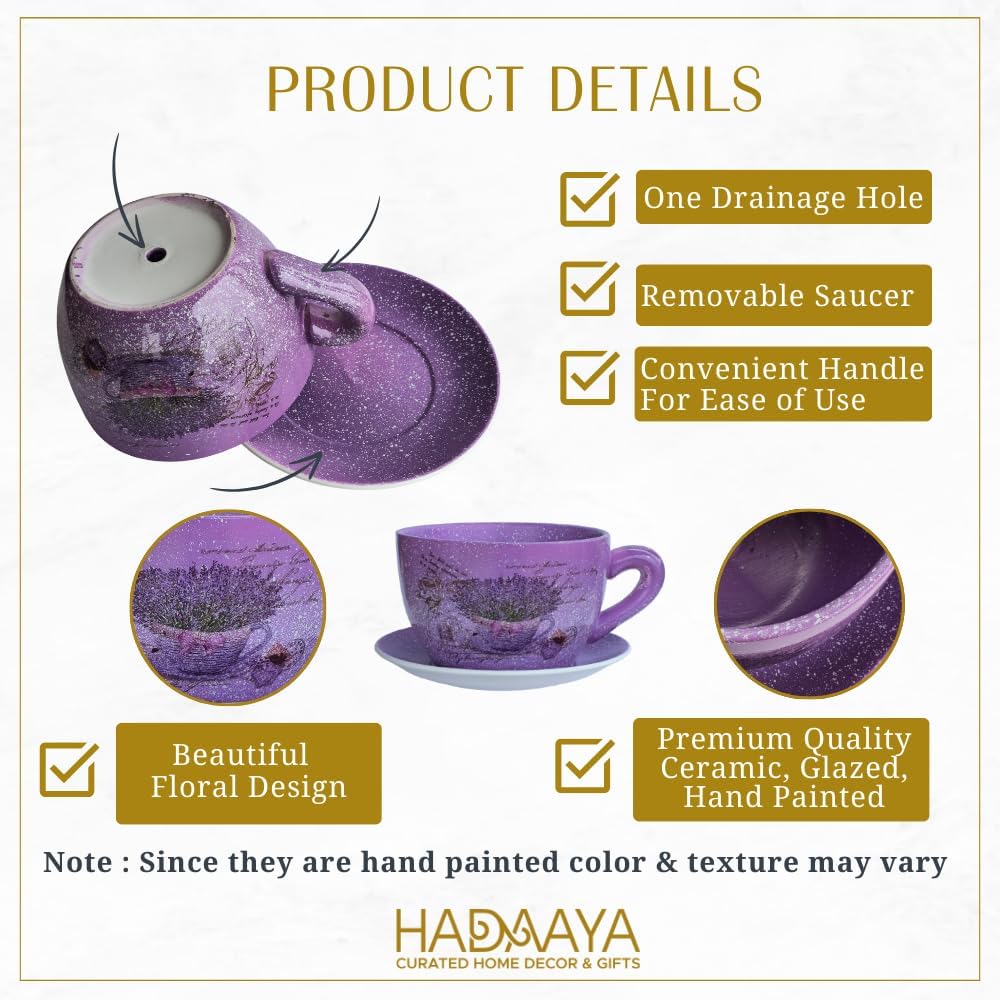 7.5” Round Ceramic Teacup Planter with Saucer – Purple Lavender Basket Design Pot for Succulents, Orchid, Herbs & Indoor/Outdoor Flowers for Birthday & Any Other Occasion-VerdiqueGarden