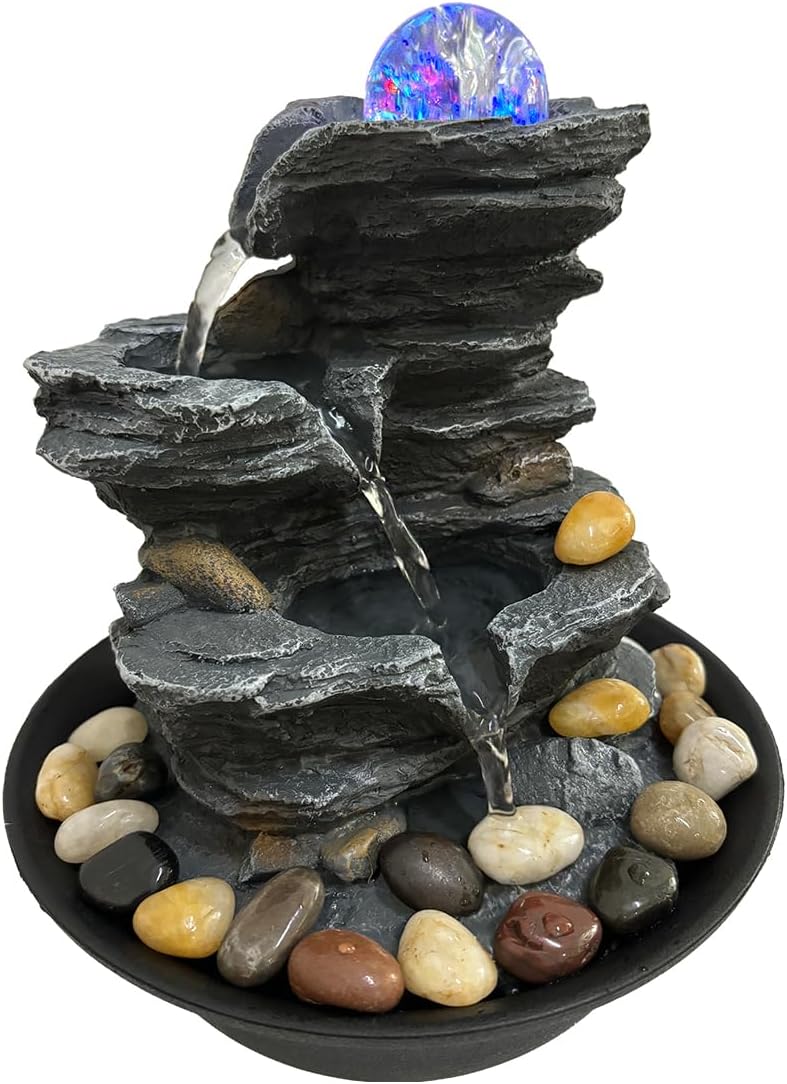 Indoor Tabletop Water Fountain Rotating Ball Rock Waterfall Fountain with Colorful Lights and Natural River Rocks, Zen Meditation for Home Office Decor-VerdiqueGarden