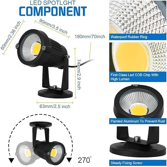 110V Landscape Spotlight,LED Landscape Lighting Outdoor for Flag Pole Light,IP65 Landscape Lights 3000k Garden Light 6FT Cord with US 3 Prong (Base,Stake Included) (5, Watts)-VerdiqueGarden