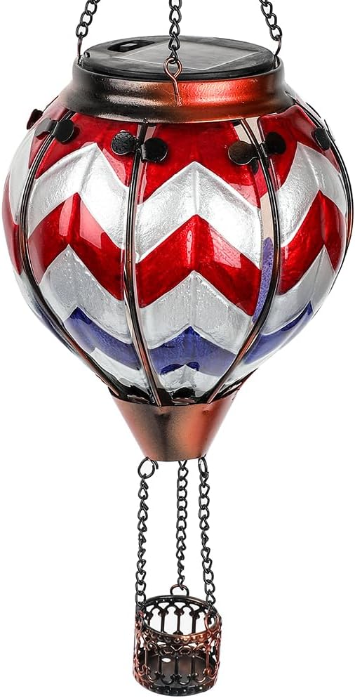 Hot Air Balloon Solar Lantern with Flickering Flame, Glass Hanging Garden Lights Outdoor Waterproof for Tree Yard Patio Mother's Day Gift, 18" H Wavy-Blue Red White-VerdiqueGarden