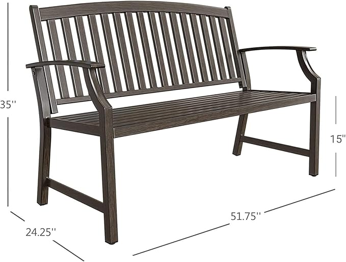 Grand patio 52" Farmhouse Outdoor Bench, Garden Benches with Rust Free Metal Powder Coated Frame and Aluminum Backrest, Faux Wood Grain Finish Frame Patio Bench for Front Porch, Northwoods Brown-VerdiqueGarden
