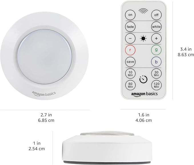 Amazon Basics LED Puck Lights, Color Changing, Battery Operated, IR Remote, 40 Lumens, 2 Pack, Wireless Stick on Lights, Under Cabinet Lighting, Ideal for Closets, and More, White-VerdiqueGarden