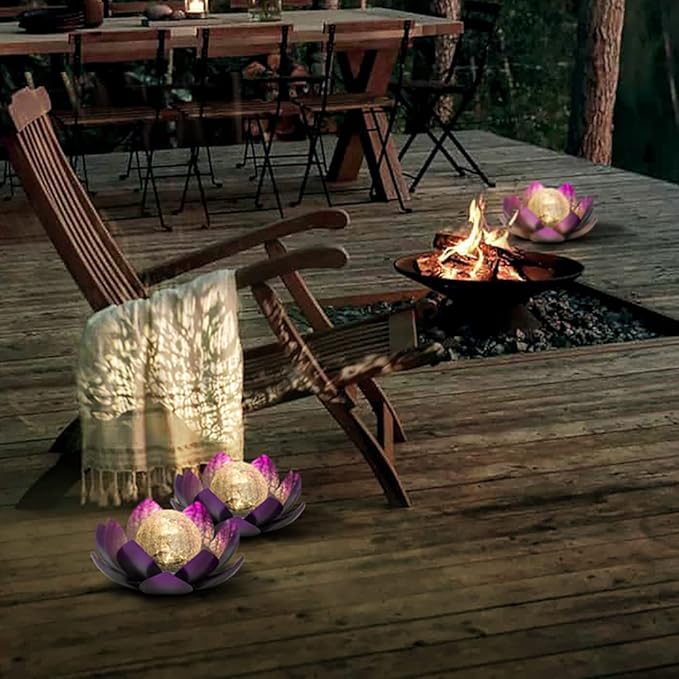Huaxu Solar Lights Outdoor Decor Purple Lotus Waterproof LED Crackle Globe Glass Metal Flower Decorations for Garden Patio Yard Porch Pathway Ground Tabletop-VerdiqueGarden