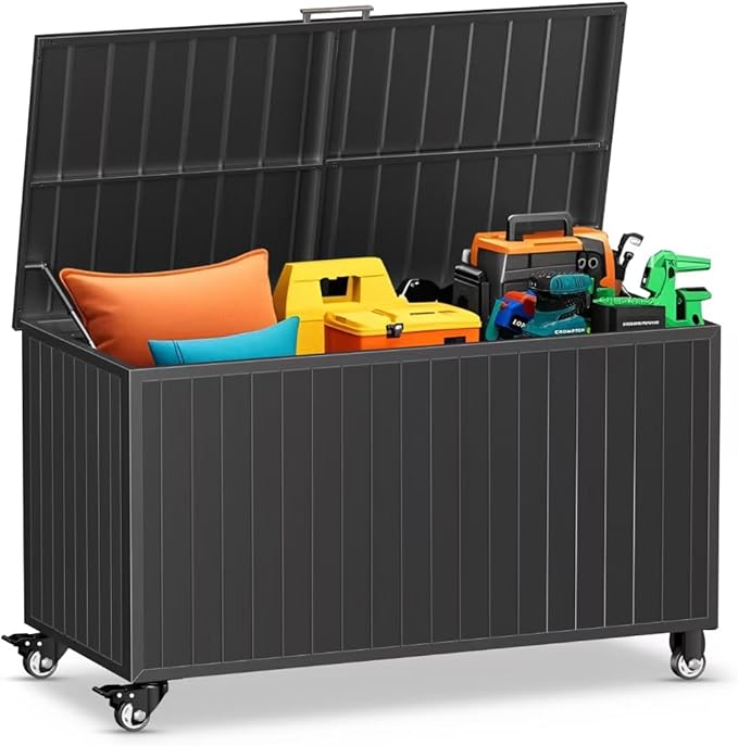 Outdoor Storage Box with Wheels 135 Gallon, Mobile Waterproof Aluminum Deck Box, UV Resistant Patio Storage Box with Lid for Patio Furniture, Garden Tools (Black)-VerdiqueGarden