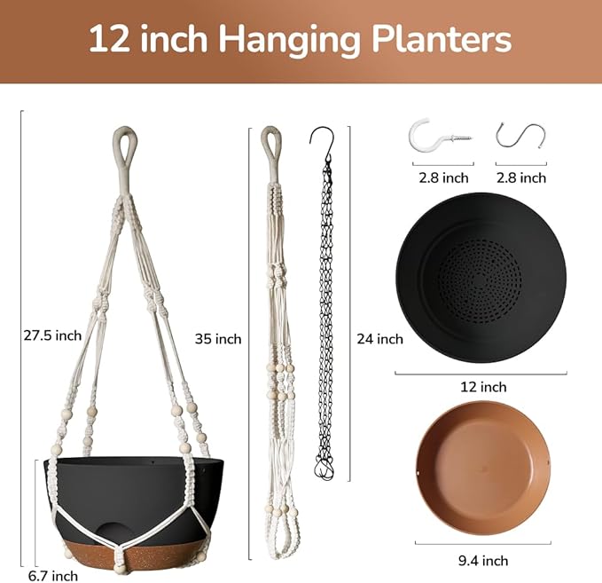 12 Inch Hanging Baskets for Plants Outdoor, Hanging Planters for Indoor Outdoor Plants, Hanging Planter with Self Watering, Hanging Flower Pots (Black Planter with Macrame + Iron Hangers)-VerdiqueGarden