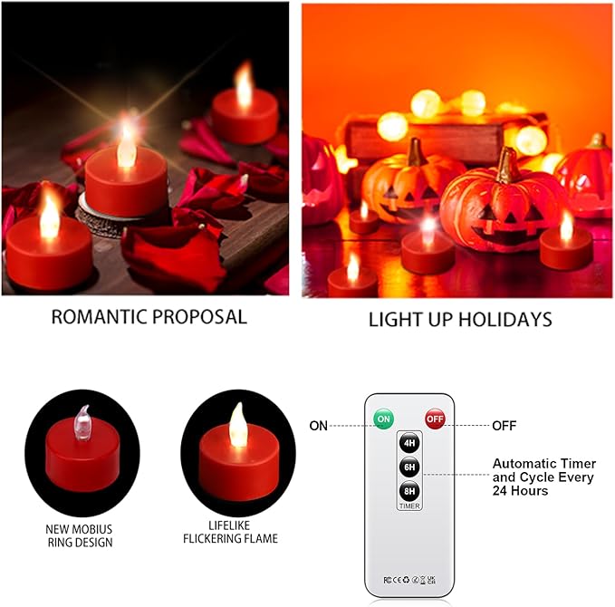 Tea Light Candles with Remote Control,50pack Flickering Flameless LED Candle,Long Lasting 400+Hours,Battery Operated with Timer for Home Decoration Seasonal &Festival Celebration Red-VerdiqueGarden