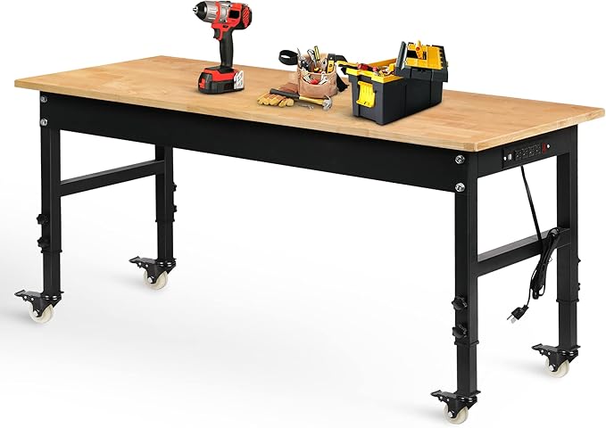 60" Adjustable Workbench for Garage, Rubber Wood Heavy Duty Workstation with Power Outlets & Wheels, 2000 LBS Load Capacity Hardwood Worktable for Workshop, Garage, Office, Home, Commercial-VerdiqueGarden