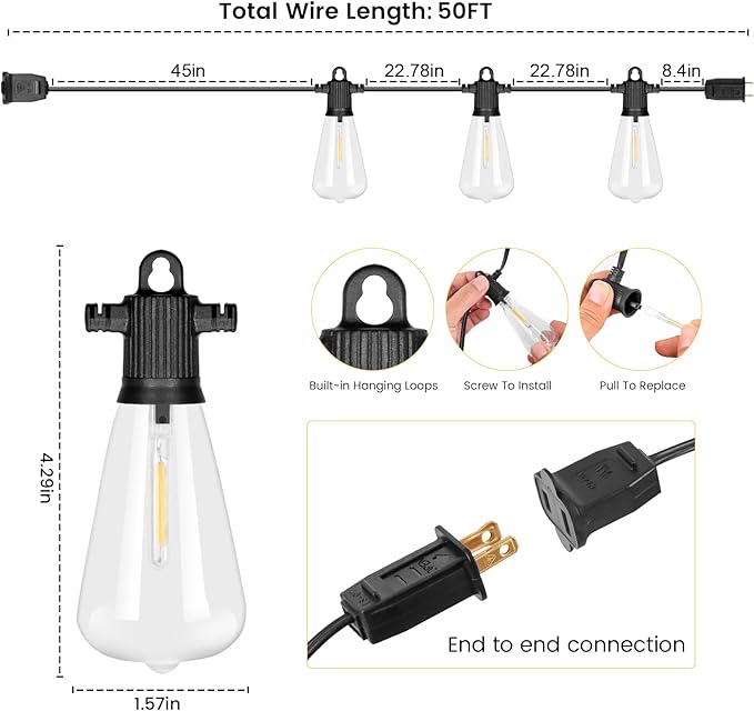 LED Outdoor String Lights, 50 FT Waterproof Patio Lights with 25+2 ST38 Vintage Edison Shatterproof Bulbs, Connectable Dimmable Hanging Lights for Backyard Bistro Cafe Garden Gazebo - Warm White-VerdiqueGarden