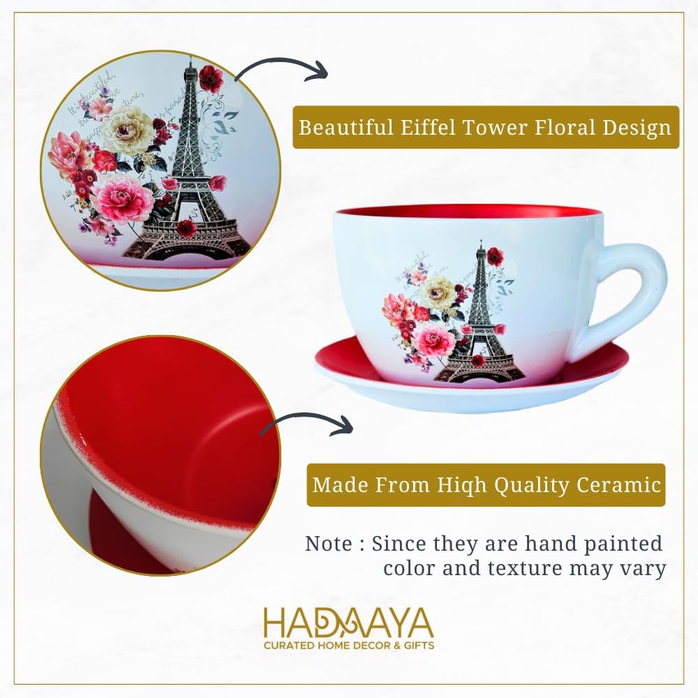 7.5" Ceramic Teacup Planter Pot with Saucer | Ideal for Succulents, Orchids, Herbs & Flowers | Indoor & Outdoor Use | Thoughtful Gift for Wedding & Home Decor & More - RED - Paris Eiffel Tower-VerdiqueGarden