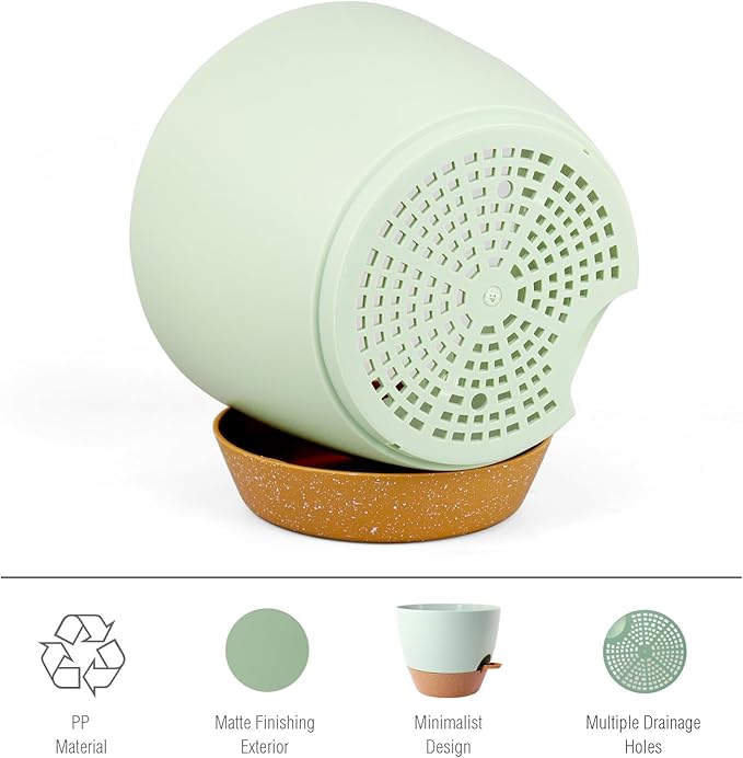 12 inch Large Self Watering Pots, Plant Pots with Mesh Drainage Holes for Indoor Outdoor Plants, Plastic Planters with Deep Reservoir for Garden House Flower Plants, Green with Brown-VerdiqueGarden