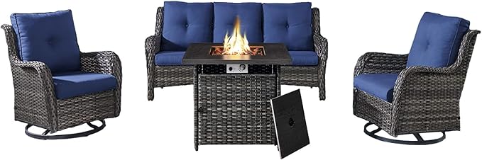 Outdoor Patio Furniture Set with 50000BTU Propane Fire Pit Table, 4 Pieces Wicker Patio Conversation Set with 2 Swivel Rocker Glider Chairs Rattan Sofa Blue Cushion Perfect for Gathering-VerdiqueGarden