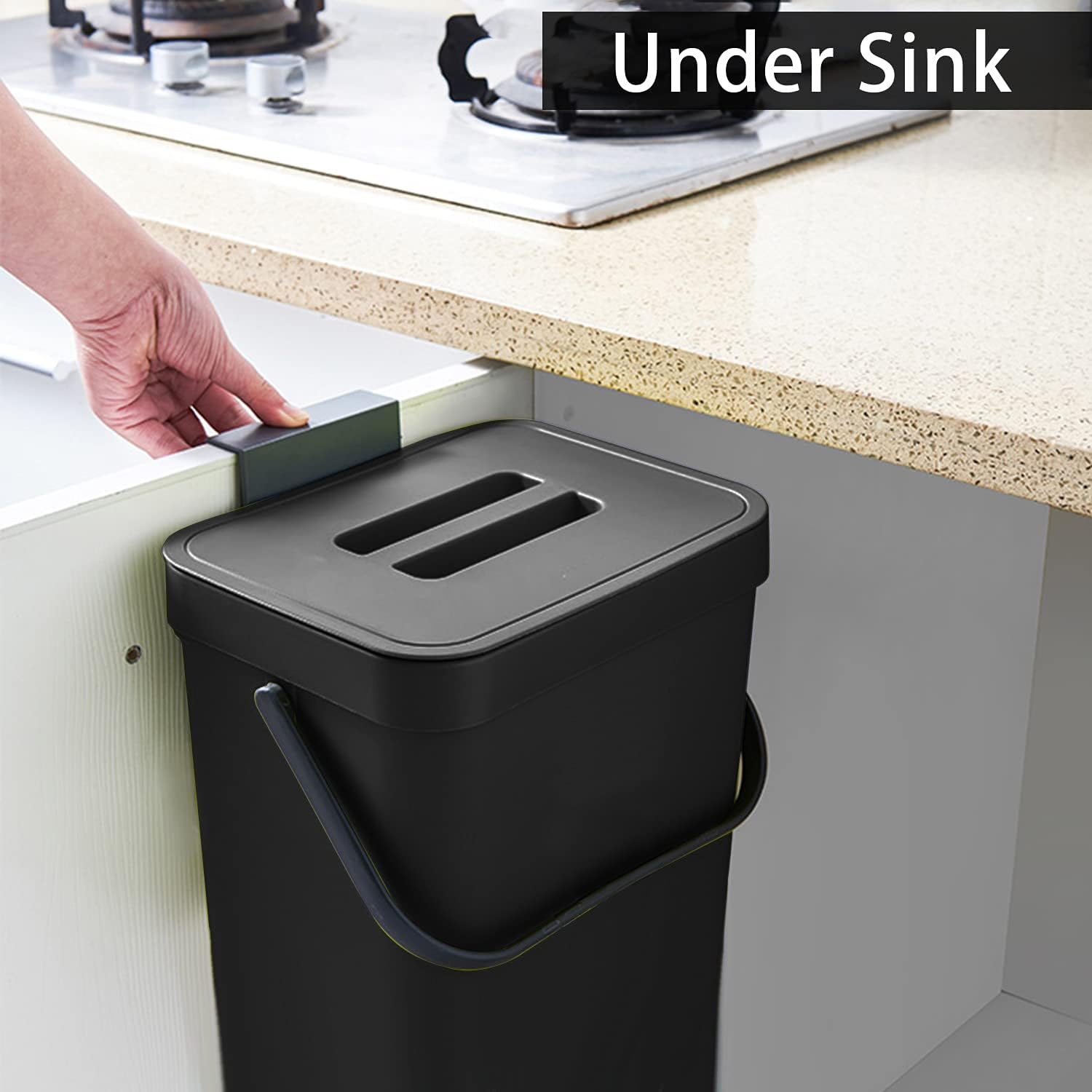 stonespace Under Sink Trash Can，Kitchen Compost Bin, Diaper Pail, 3.2 Gallon/12L Hanging Garbage Can for Baby Crib/Bathroom/Cupboard, Plastic Food Waste Bin,1 Pack Black-VerdiqueGarden