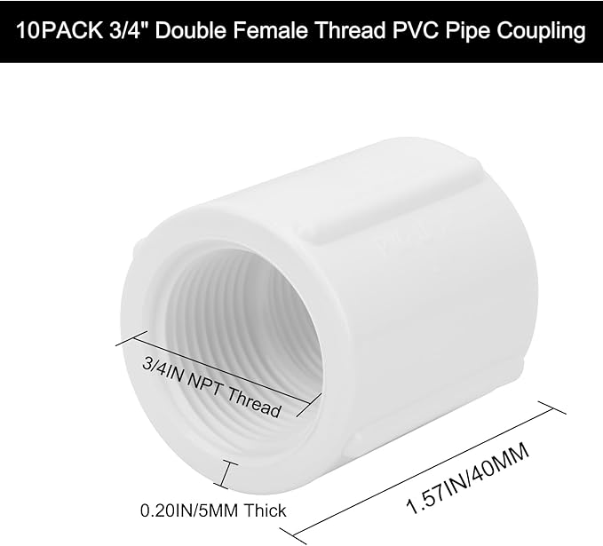 10Pack 3/4" Double Female Thread PVC Pipe Coupling Adapter Pipe Fitting Connector (Female x Female) SCH40 3/4Inch PVC Female Threaded Pipe Coupling for Sprinkler,Irrigation,Swimming Pools-VerdiqueGarden