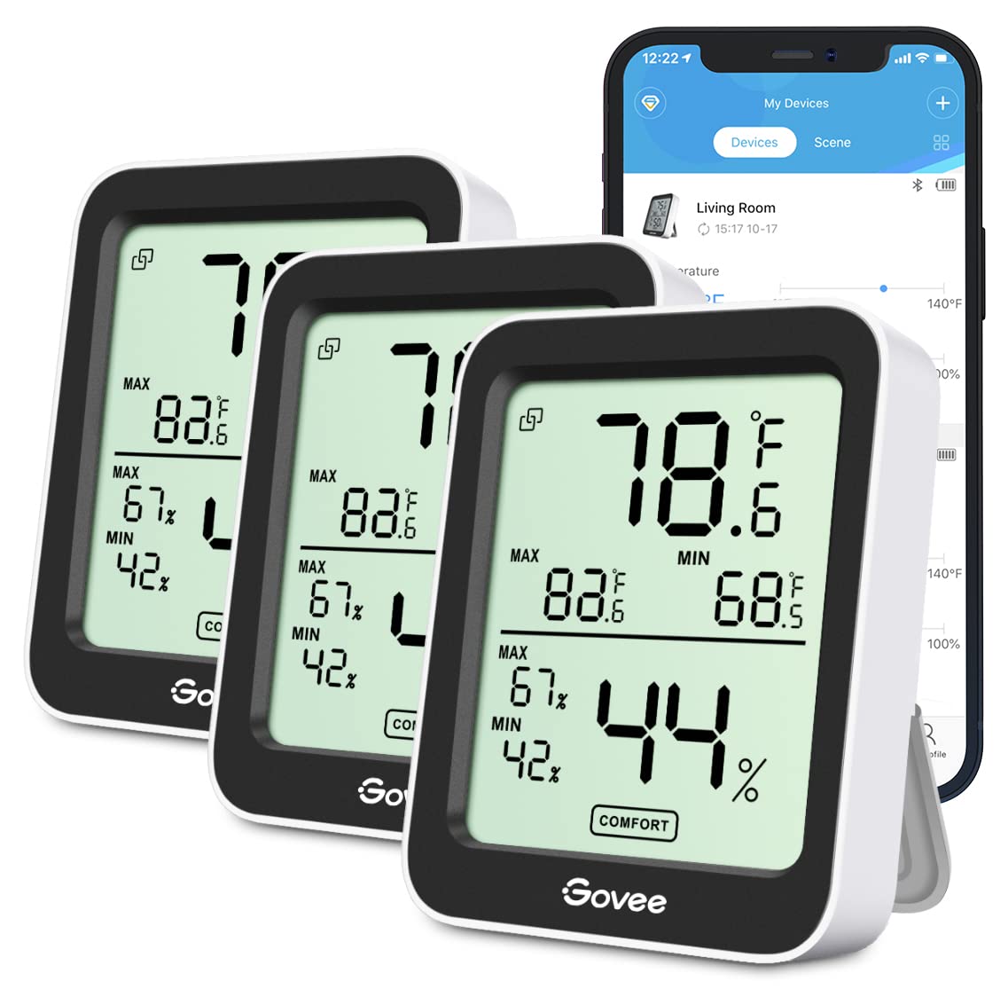 Govee Indoor Hygrometer Thermometer 3 Pack, Bluetooth Humidity Temperature Gauge with Large LCD Display, Notification Alert with Max Min Records, 2 Years Data Storage Export for Room Greenhouse, Black-VerdiqueGarden