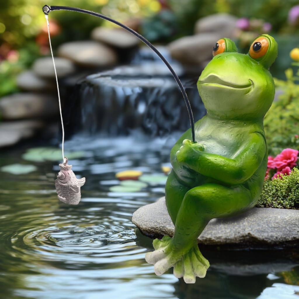 Frog Fishing Statue Garden Decor – 9.8" Weatherproof Resin Frog Fishing Sculpture Decor for Fish Ponds, Koi Ponds, Waterfalls, Poolside & Outdoor Gardens– Resin Figurine for Indoor & Outdoor Décor-VerdiqueGarden