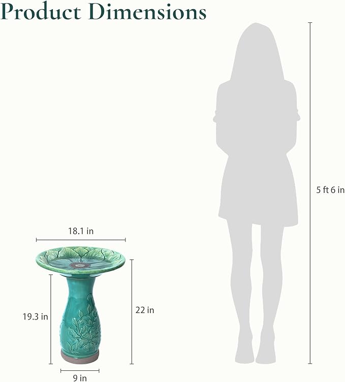 LuxenHome 23 Inch Ceramic Bird Bath for Outside, Elegant Tall Outdoor Bird Bath, Lightweight Pedestal Glazed Birdbaths for Outdoors with Floral Embossed Design, Jade Green-VerdiqueGarden