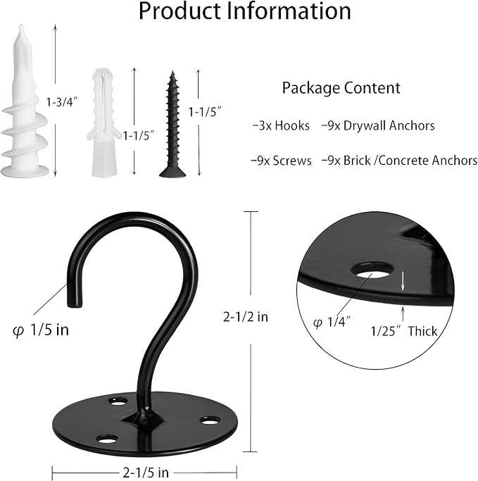 Ceiling Hooks for Hanging Plants-Heavy Duty Wall Mount Hanger Bracket for Hanging Bird Feeders, Lanterns, Wind Chimes, Planters, Outdoor Decoration (3 Pack) (Black)-VerdiqueGarden