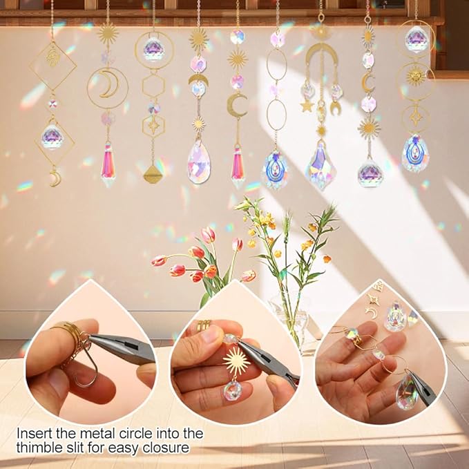 HYBEADS 200 pcs DIY Sun Catchers Making Kits Craft for Adults Crystal Suncatchers Supplies Stained Glass Window Hanging Prism Indoor Outdoor Garden Xmas Decor with Rainbow Maker Pendants Chains-VerdiqueGarden