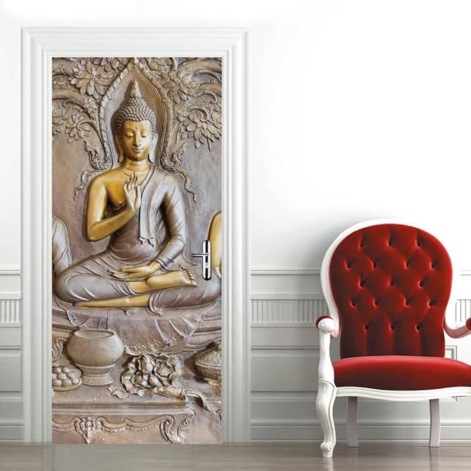 3D Door Stickers - Buddha Statue Murals - Peel & Stick Wallpaper - Self-Adhesive Decals - Removable PVC Waterproof - Bedroom & Living Room - 33.9" x 78.7"-VerdiqueGarden