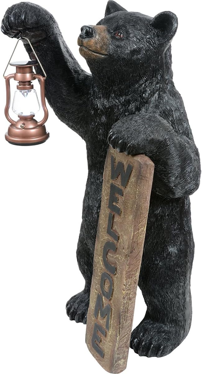 Black Forest Décor - Welcome Bear Solar Lantern - Outdoor Patio & Garden Décor with Solar Light, 18" W x 16" D x 33" H-VerdiqueGarden