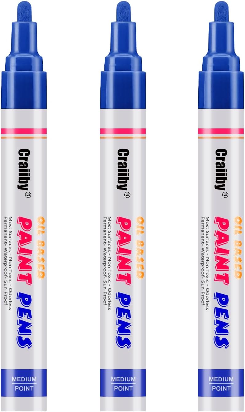 Blue Paint Markers, 3 Pack Oil-Based Waterproof Quick Dry Permanent Paint Pen Set for Rocks Painting, Wood, Fabric, Plastic, Canvas, Glass, Mugs, Metal, Tire, Stone, DIY Craft-VerdiqueGarden