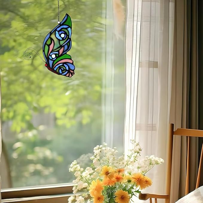 Stained Glass Window Hangings Butterfly Tiffany Style Butterfly Suncatcher for Window Hanging Suncatchers Handcrafted Ornament (Green&Blue)-VerdiqueGarden