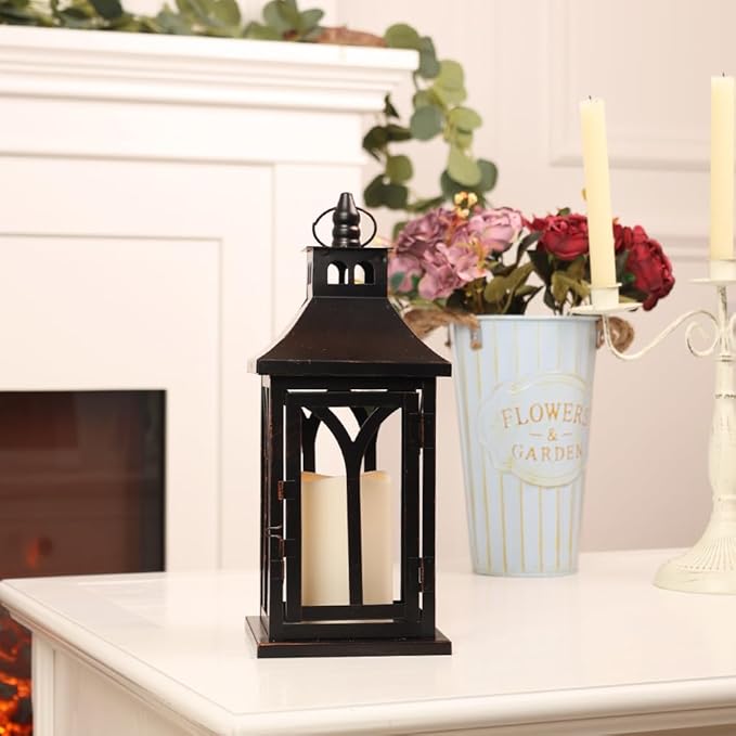 DECORKEY Decorations for Home, Decorative Led Candle Lantern Indoor Outdoor Decor, Metal Hanging Candle Holder with Xmas Teardrop Wreath and LED Candle for Table Centerpieces, Patio (Black)-VerdiqueGarden