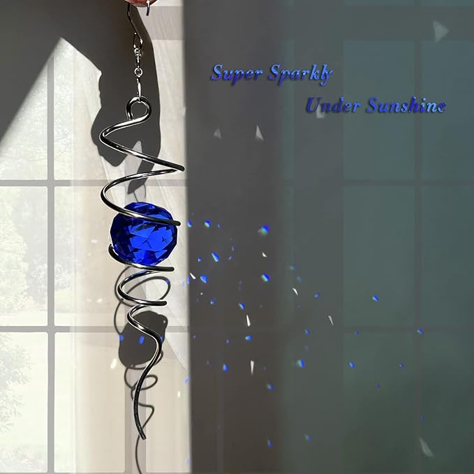 FONMY Gazing Ball Spiral Tail -Decorative Wind Spinner Sun Catcher Rainbow Maker 11 inch Tail and 2 inch Dark Blue Crystal Orb. Indoor Outdoor Garden Decoration -13 inch Height-VerdiqueGarden