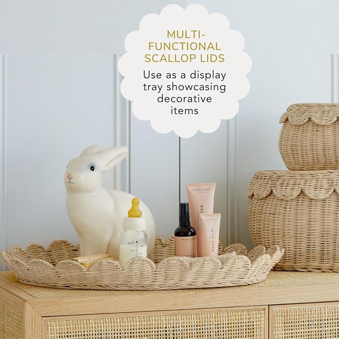 BEBE BASK Large Scalloped Basket Set Of 3 - Hand-Woven & Award-Winning Scallop Basket - XL - Extra Large for Blankets 22 x 16 x 10 In - Elegant Wicker With Scalloped Edge Lid (Natural)-VerdiqueGarden