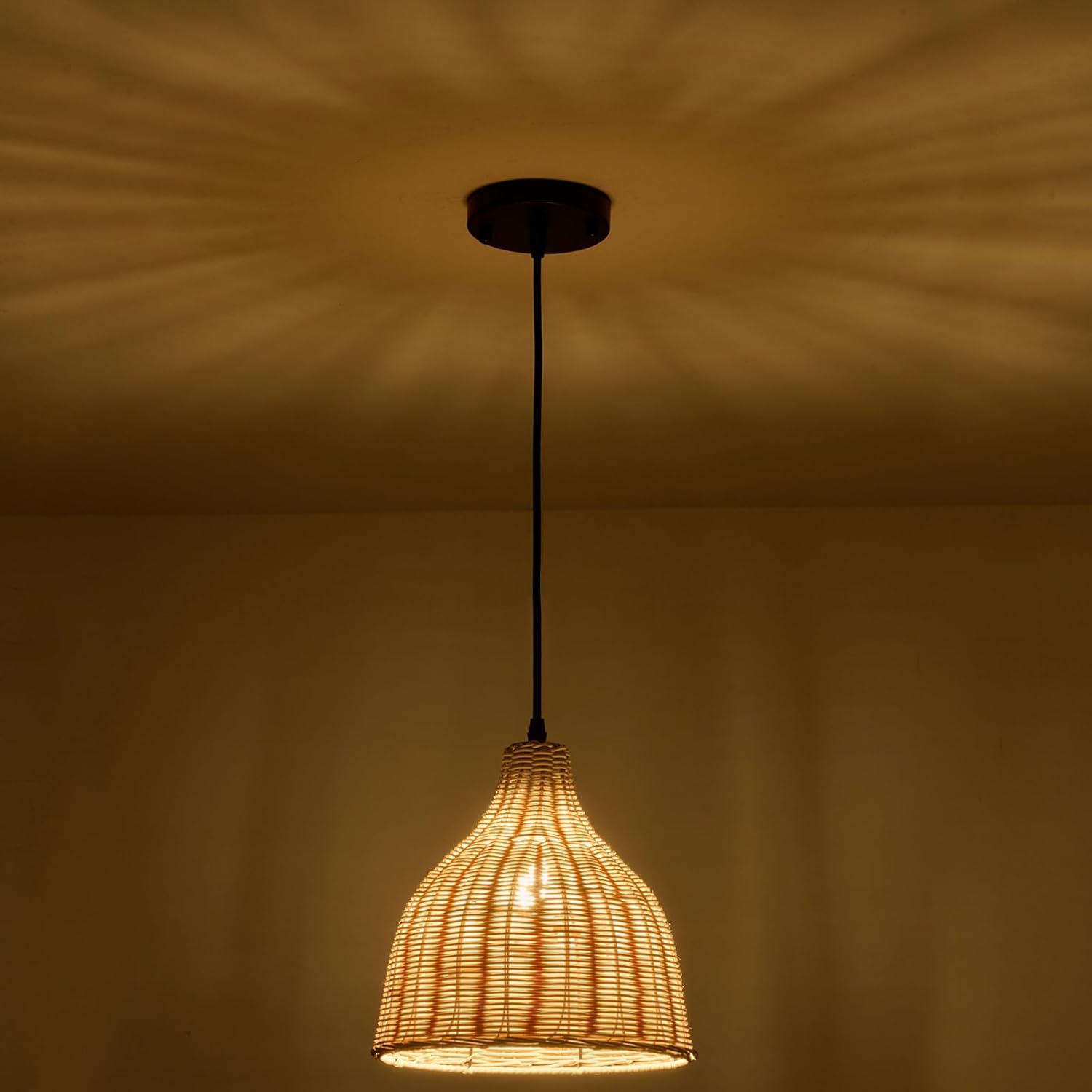 TERLEENART Hard Wired Rattan Pendant Lights Set of 2,Boho Wicker Chandelier with 9.84” Dome Shade, Basket Hand Woven Hanging Lamp for Coastal Kitchen Island Dining Room Living Room Bar Foyer Hallway-VerdiqueGarden