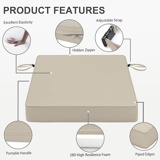 Favoyard Patio Chair Cushions 24 x 24 x 4 Inch Waterproof Outdoor Seat Cushions for Patio Furniture 3-Year Color Fastness Garden Sofa Couch Chair Pads with Handle & Adjustable Straps Set of 2, Beige-VerdiqueGarden