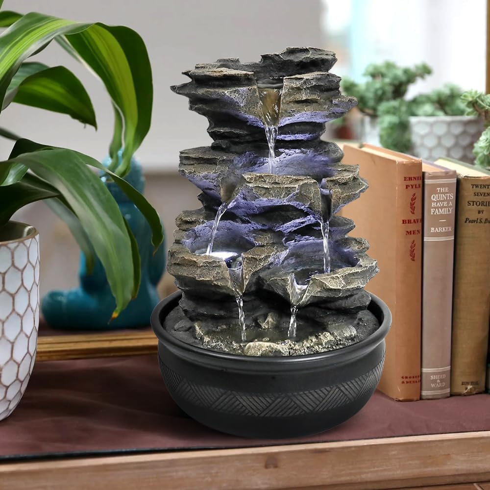 15.7” High Rock Falls Tabletop Water Fountain with LED Lights - Indoor 5-Tier Cascading Fountain for Home and Office Decor (Gray_3, 15.7" high)-VerdiqueGarden
