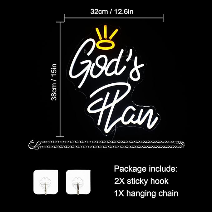 WLHOPE God's Plan Neon Sign White Led Neon Signs for Wall Decor, God Neon Signs USB Powered Letter Neon Light Signs for Bedroom Living Room Home Bar Wedding Party Decoration-VerdiqueGarden