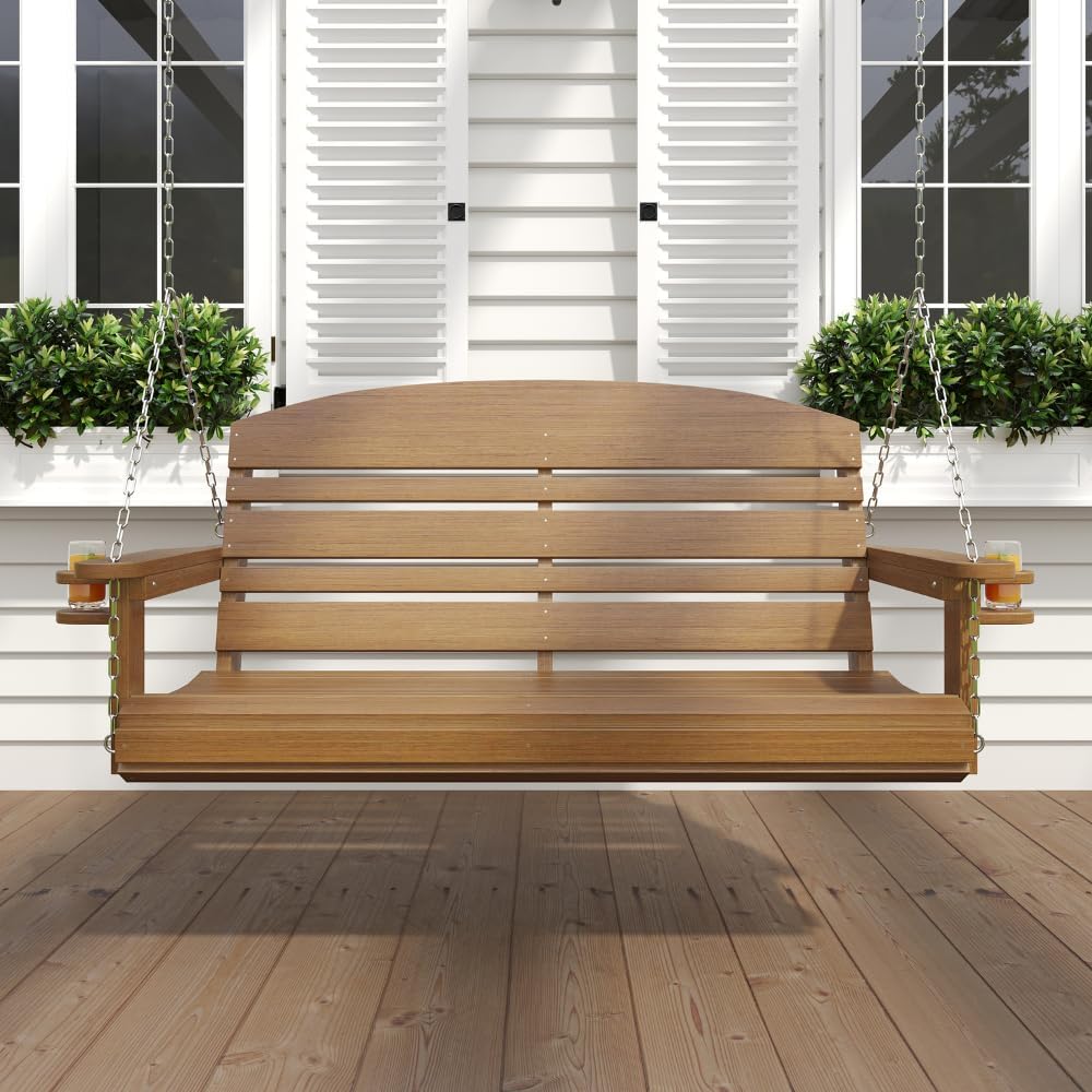 Classic Recycled Plastic Porch Swing in Mahogany Finish - Composite Poly Swing with Included Hanging Chains-VerdiqueGarden