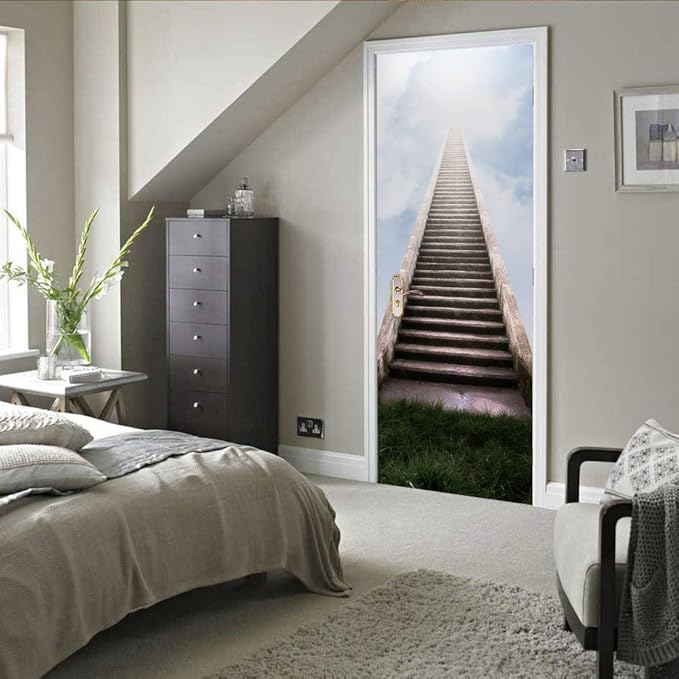 3D Door Stickers Murals - Stairs - Peel and Stick - Waterproof & Washable - Matt Finish - Modern Style - White - 31.5" x 78.7" (2 PARTS)-VerdiqueGarden