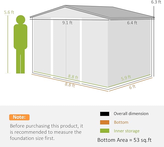 Outsunny 9' x 6' Outdoor Storage Shed, Garden Tool Metal Shed with Foundation Kit, Double Lockable Door, Air Vents and Sloping Roof, for Backyard, Patio, Lawn, Green-VerdiqueGarden