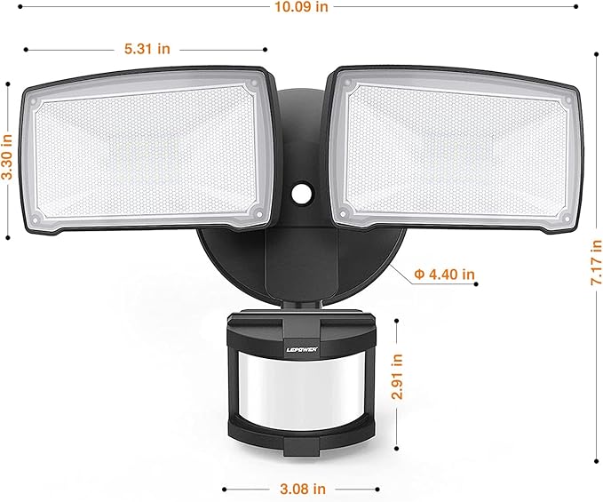 LEPOWER LED Security Lights Motion Sensor Light Outdoor, 30W 3200LM Motion Security Light, 5500K, IP65 Waterproof, 2 Head Motion Detector Flood Light for Garage, Yard, Porch, Black (Not Solar Powered)-VerdiqueGarden