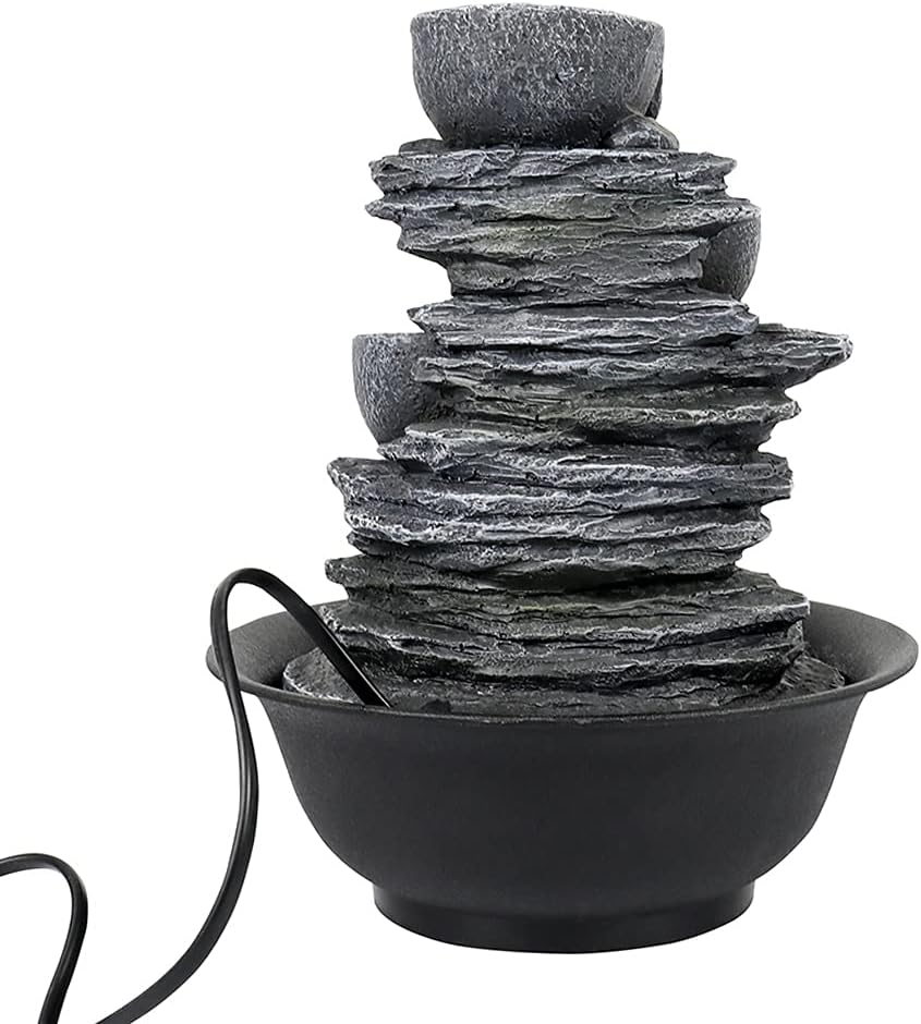 10.6” High Cascading Tabletop Fountain w/LED Light - 4-Tier Bowls Rock Water Fountains Indoor Small Relaxation Waterfall Feature for Home, Office and End Table Decoration (10.6" high, Gray)-VerdiqueGarden