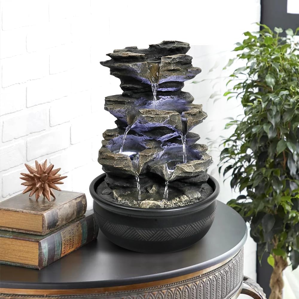 15.7" High Rock Cascading Tabletop Fountain, Zen Meditation Indoor Waterfall Feature with LED Light for Home Office Bedroom Relaxation-VerdiqueGarden