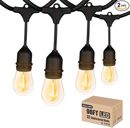 Achin Outdoor String Lights 96FT(48FT*2) Waterproof IP65 LED Patio Lights with 30+2 S14 Edison Bulbs Warm 2200K Hanging Lights Outside Shatterproof String Lights for Outside Bistro, Market, Yard-VerdiqueGarden