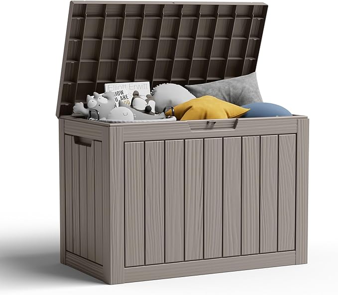 45 Gallon Resin Deck Box, Lockable Patio Outdoor Storage Box for Furniture, Garden Tools and Tools Storage, Waterproof Outside Storage Boxes - Grey-VerdiqueGarden