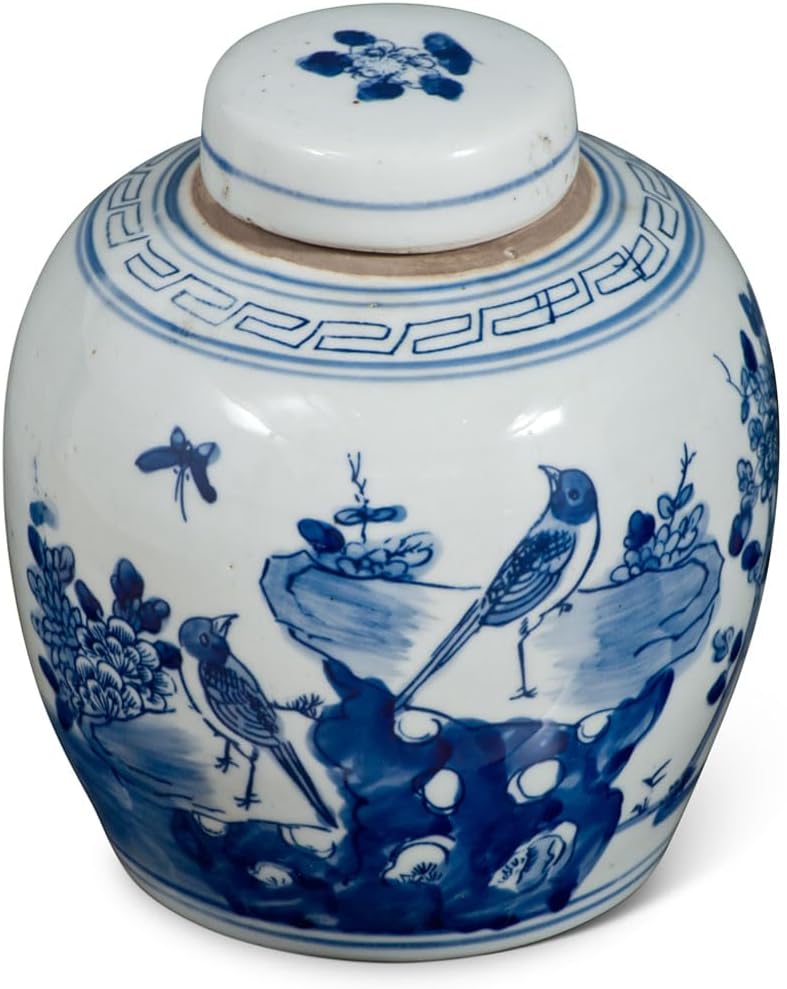 Blue and White Porcelain Bird Flower Motif Chinese Jar-VerdiqueGarden