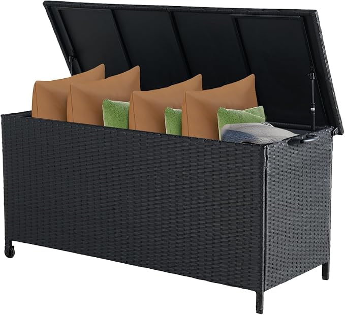 Grand patio 108 Gallon Deck Storage Box Indoor Outdoor Wicker Bin for Patio Furniture Cushions Garden Tools Pool Accessories, Black-VerdiqueGarden