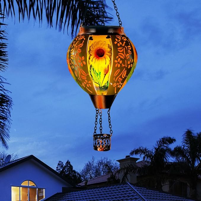 Starsoul Sunflowers Hot Air Balloon Solar Lantern Metal & Glass Solar Hot Air Balloon Hanging Garden Light Waterproof Outdoor Lantern for Patio Yard Party Decorations-VerdiqueGarden