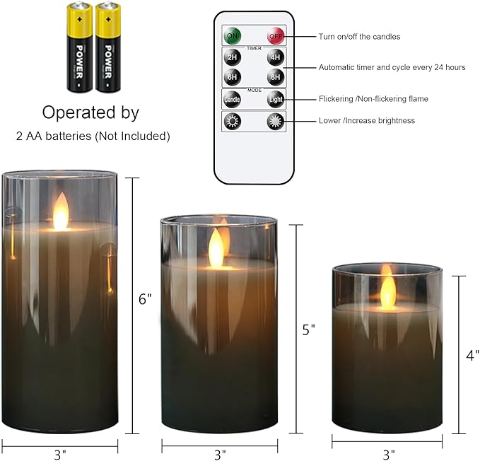 Glass Realistic Flickering Flameless Candles with Remote Timer, LED Pillar Candles Battery Operated with 3D Wick, Real Wax Fake Candles Home Decor for Wedding Festival Party-VerdiqueGarden