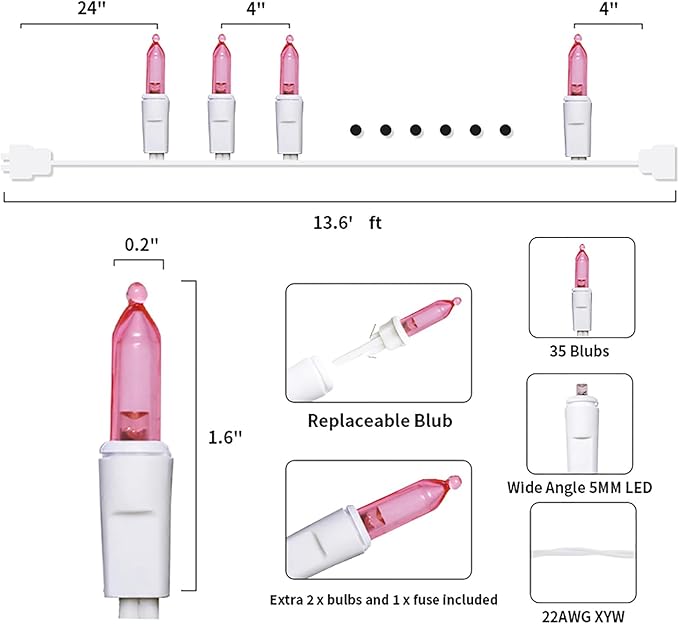 Pink LED Christmas Lights - 35 Count Pink Christmas String Lights for Small Tree, Crafts, Bedroom, Wedding, Indoor and Outdoor Valentines Day Decorations, 11 Feet White Wire, UL Certified, Connectable-VerdiqueGarden